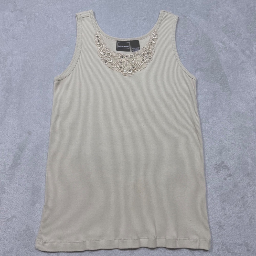 Vintage 90s‎ Cream Cotton Blend Lace Sequin Ribbed Tank Top M S